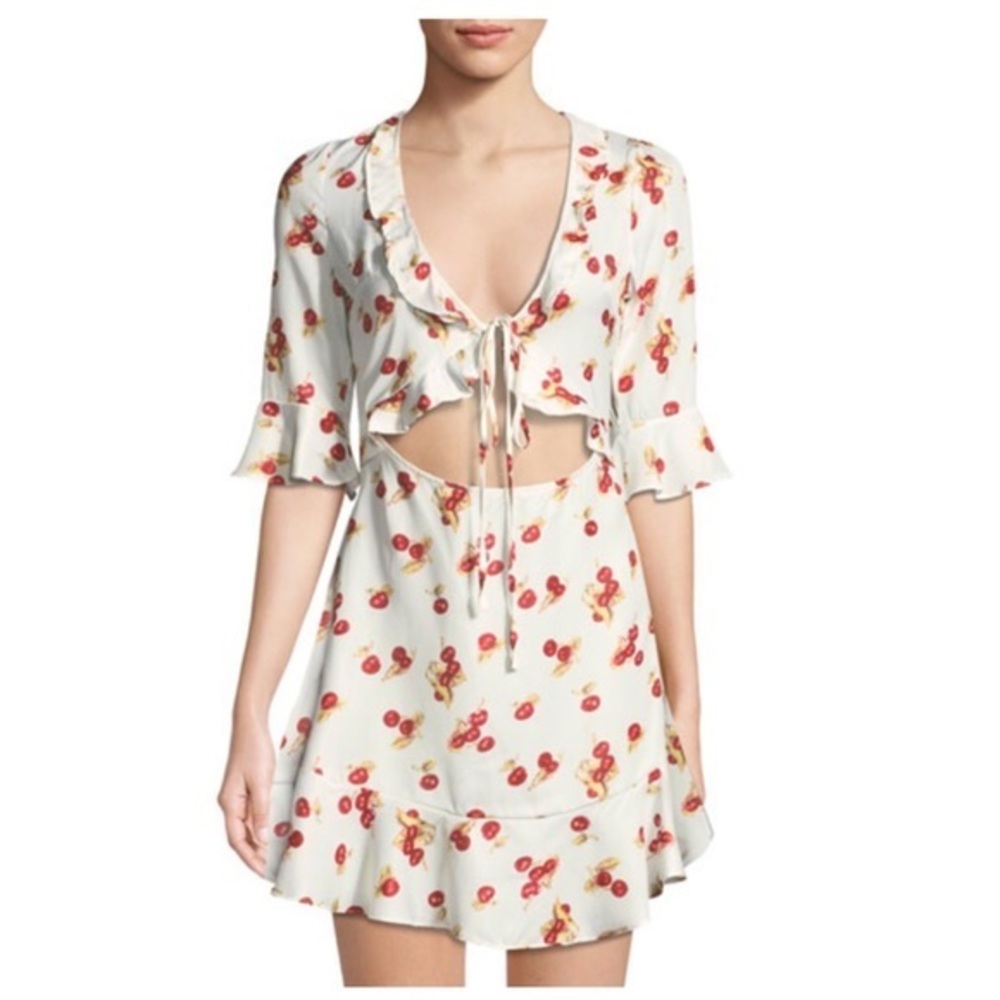 Haute Rogue Cherry-Print Tie-Front Mini Dress Sz M